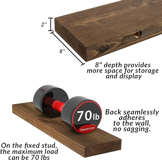 Walnut Floating Shelves 72 Inch Long 8-in Deep Set of 2, High End Real Solid Wood Floating Shelves for Wall,Suitable for Kitchen and Coffee Bar, with Sturdy Hidden Bracket