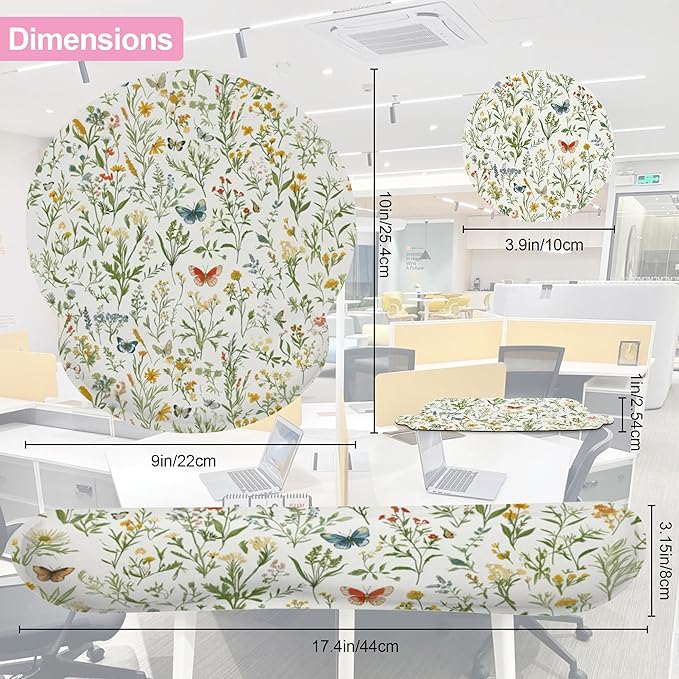 Wildflowers Butterfly Mouse Pad with Wrist Rest and Keyboard Wrist Rest Set, Vintage Garden Plants Herb Flower Non-Slip Rubber Base Memory Foam Mouse Pad Set for Women, Office Desk Accessories, Gaming