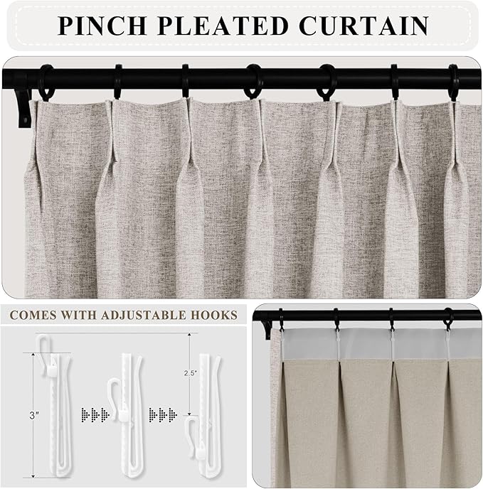 Macochico 100% Blackout Thermal Curtains Pinch Pleated Linen Curtains with Hooks Noise Reducing Curtains for Living Room Bedroom Nursery Kids Room with Tieback Light Apricot 72" Wx102 L 1 Panel