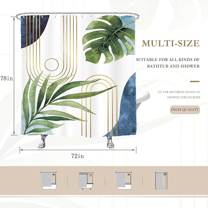 Glawry Boho Blue Green Shower Curtain Extra Long Abstract Mid Century Tropical Palm Leaf Modern Minimalist Plant Bathroom Geometric 72Wx78L Inches Bath Accessories Art Home Decor Fabric 12 Pack Hook