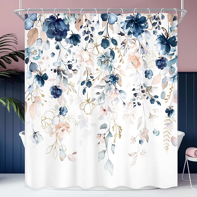 Blue Pink Floral Shower Curtain 72Wx96H Inch Extra Long Flower Watercolor Wildflower Spring Rustic Eucalyptus Leaf Bathroom Set Girl Plant Botanical Bath Curtain Bathtub Accessories Home Decor