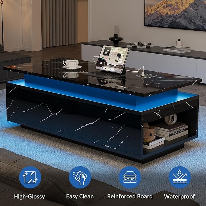 LED Coffee Table with Storage, Black Coffee Table with Wireless Charging and Speaker, High Glossy Modern Center Table with 24 Color LED Lights for Living Room Bedroom, Black