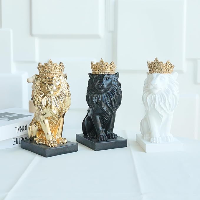 8" Crown Lion King Statue Decor, The King of Beasts - Statue Decoration for Home/Study/Living Room, Great Collectible Figurines, Best Gift for The Man, Black Golden Color