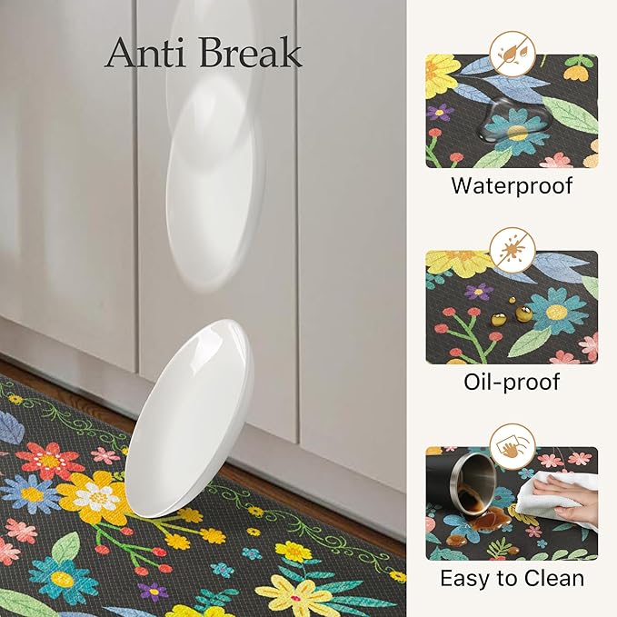 GENIMO Kitchen Mats for Floor 2PCS, Cushioned Kitchen Rugs Non Slip Washable, Farmhouse Anti Fatigue Mat Waterproof, Comfort Standing Mat Rug for Laundry, Office, Home, Sink, 23.6"x71"+20"x32", Black