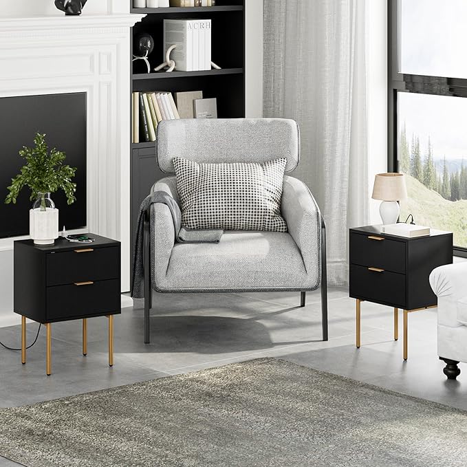 Masupu Nightstand with Charging Station,Mid-Century Modern Bedside Table with 2 Storage Drawer,Small Gold Frame Side End Table for Bedroom,Living Room (Black)