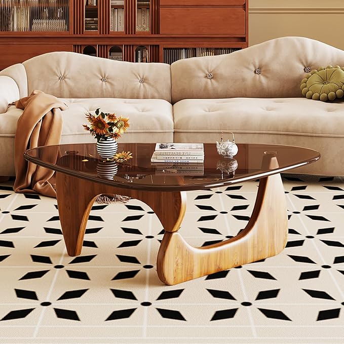 Coffee Table for Living Room Mid Century Modern Center Table with Glass Top and Oak Wood, Brown/Walnut