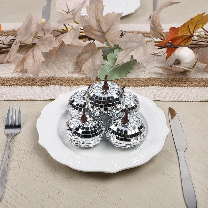 winemana 12 Pack Silver Pumpkin Fall Decor, Foam Glitter Pumpkins for Decorating Mini Artificial Craft Pumpkins for Thanksgiving Table Party Harvest Decorations