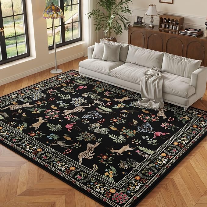 Rugcomf Living Room Rug 5x7 Rug Machine Washable Boho Area Rug Non Slip Floral Animal Vintage Low Pile Large Rugs for Living Room, Bedroom, Farmhouse, Dining Room, Kids Playroom (Black)
