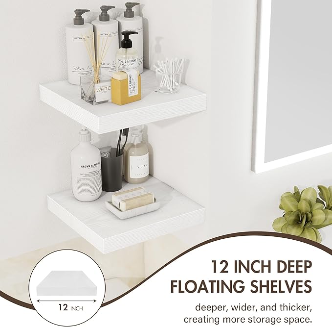 12 Inch Floating Shelves, 12" Deep Floating Shelf Wall Mounted, 12" Wall Shelves, Rustic Deep Bookshelf, Extra Deeper Display Shelves & Storage Shelves for Bedroom, Living Room, Set of 3