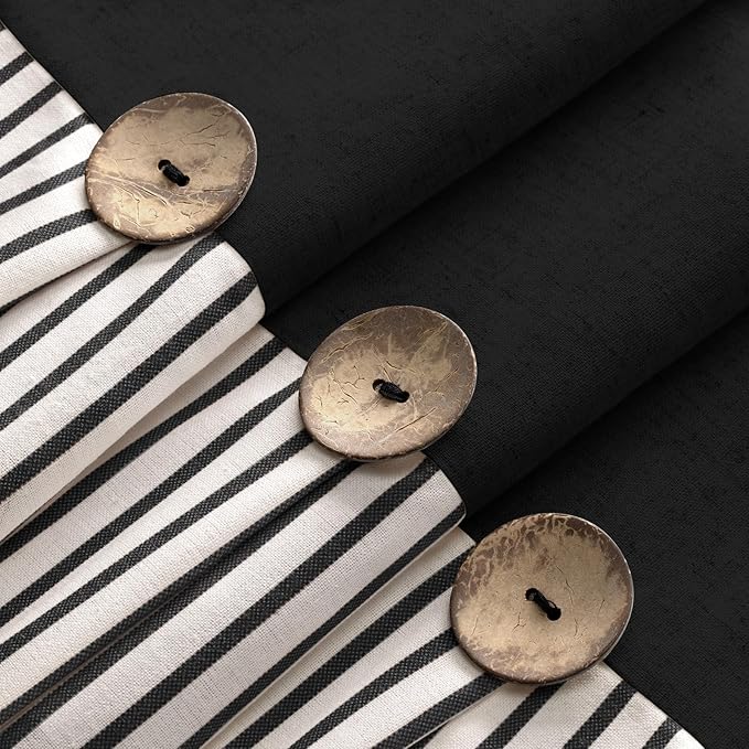 Awellife Farmhouse Black Shower Curtain Button Linen Textured Woven Fabric,Pleated Black Stripe,Country Style,72x72 Inch