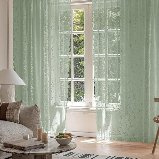 Sage Green Lace Semi-Sheer Curtains 2 Panels – Vintage Branch Pattern for Bedroom/Kitchen, Rustic Privacy Light Filtering Rod Pocket Drapes, Elegant Chic Window Treatments, 52W x 45L Inch
