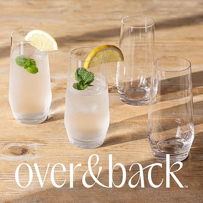 over&back 12oz Traditional Glassware - Set of 4 Classic Stemless Drinking Glasses for Parties, Get-togethers, and More - Mouth-Blown - Wine Cups for Kitchen and Dining Room - Clear, Water (12oz)