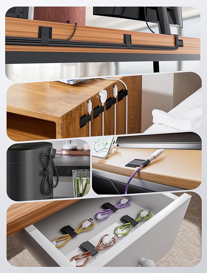 200pcs Hook and Loop Cable Ties, gliship Adhesive Wire Management, Adjustable Cable Straps Cord Wrappers Keeper Cord Holder, Sticky-back Cord Organizer for Kitchen Appliances at Office, Home - Black