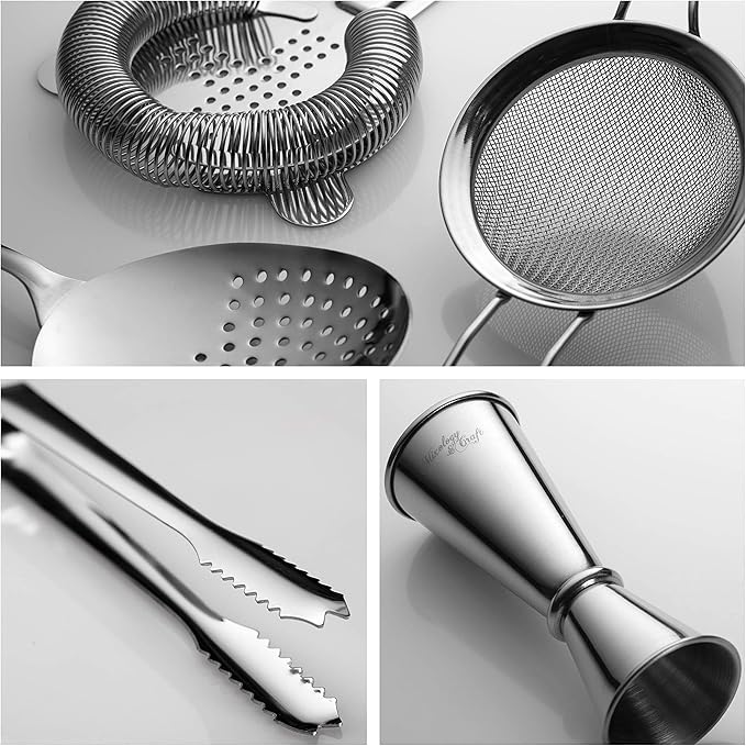 Bartender Kit with Stainless Steel Boston Shaker Bottle | 11-Piece Cocktail Shaker Set with Weighted Design, Premium Bar Accessories, Tools for Home or Portable Bar, Martini Shaker & Mixology Gift