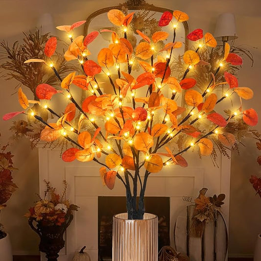 3Pcs Lighted Eucalyptus Leaves Branches, 30” Timer Fall Eucalyptus Stems with Lights,60 LEDs Battery Operated Fall Lighted Tree Branches for vases Home Wedding Table centerpieces Thanksgiving