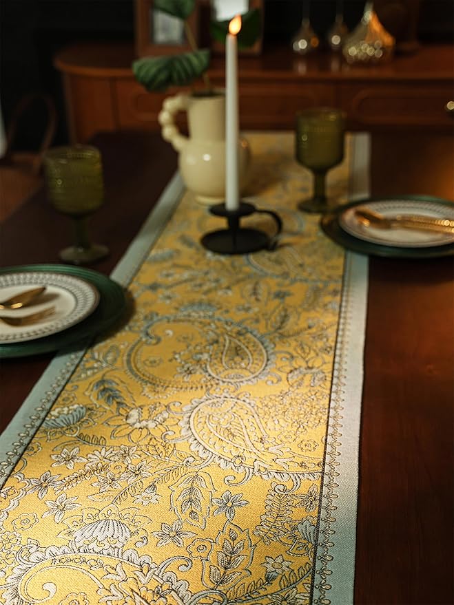 13×72 Inch Table Runner, Retro-Luxury Tassels Series for Kitchen Dining Table Holiday Decoration (Yellow Pheonix)