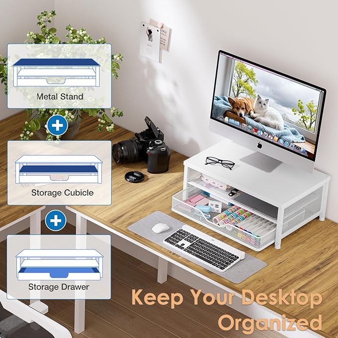 Desk Organizers and Accessories, 2-Tier Computer Monitor Stand Riser with Drawer, Laptop Stand, Office Desk Accessories, Workspace Desktop Organizer for Office Supplies, White