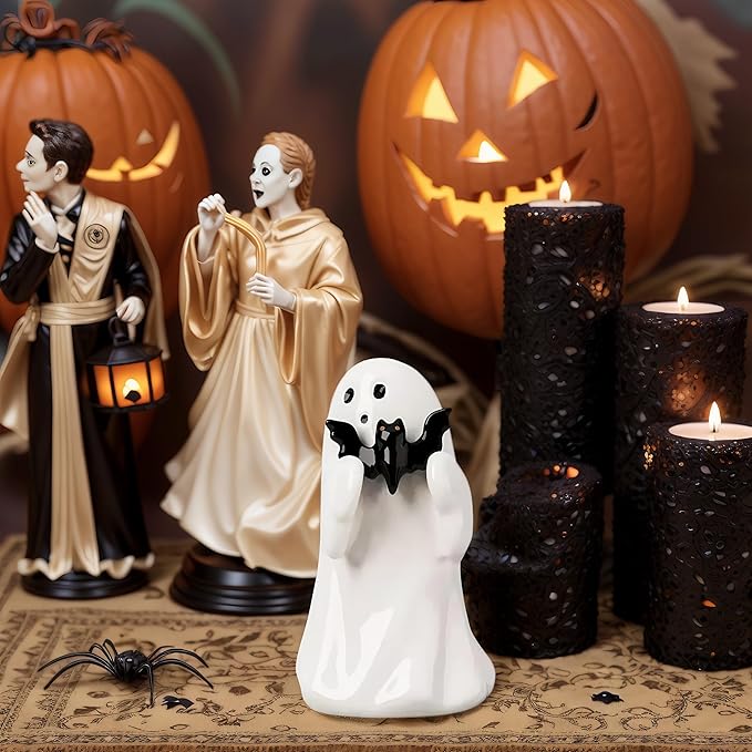 Halloween Cute Ghost Figurine with Black Bat– Resin Mini Ghost Statue for Spooky Home Decor, alloween Ghost Decor for Table, Shelf, Desk, Mantel