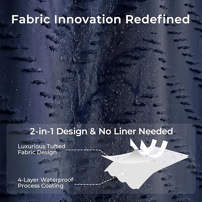 Navy Blue Fabric Shower Curtain Boho Tufted Chevron Striped Textured Cloth Curtains for Bathroom Farmhouse Shabby Chic Waterproof Set with Hook, Wrinkle Free