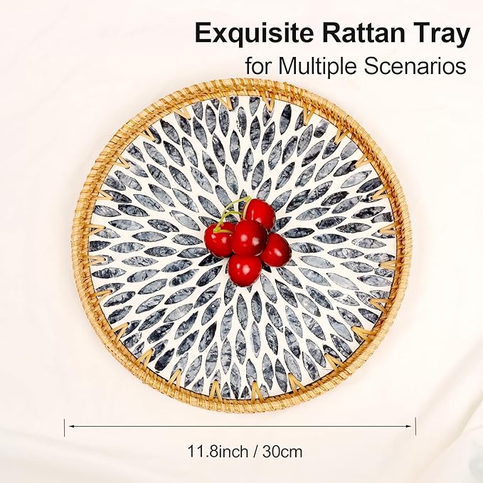 Round Rattan Tray with Mother of Pearl Inlay, Rattan Serving Tray for Coffee, Bread, Fruits, Decorative Wicker Tray for Table Decor, Home Decor, Kitchen Island Decor (Dark Blue Leaf, 11.8")