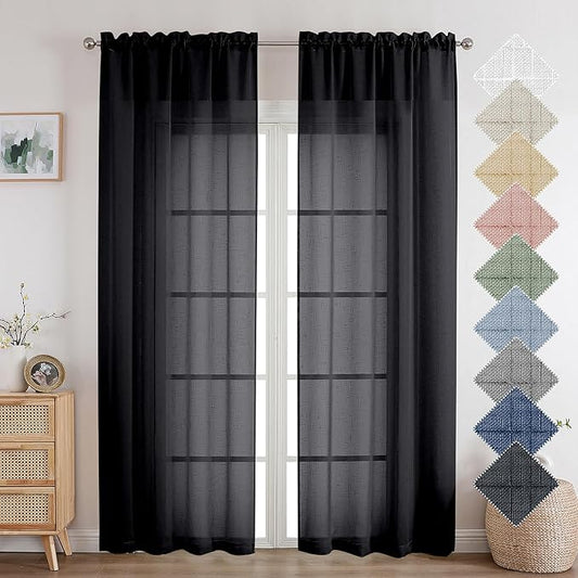 Aiyufeng Kirei Faux Linen Black Sheer Curtains 84 Inches Long 2 Panels, Light Filtering Slub Textured Breathable Rod Pocket Curtain Drapes for Farmhouse Living Room Bedroom, Each 40Wx84L Inch