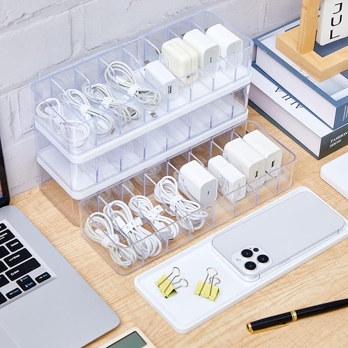 Tatuo 6 Pcs Cable Organizer Box with Wire Ties, Plastic Cord Storage Box with Lid, Electronics Organizer for Home Office Desk Organizers and Accessories (10.79'' X 3.78'' X 1.97'',Clear,White)