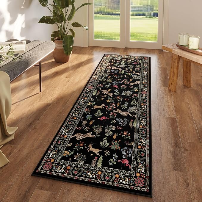 Rugcomf Runner Rug for Kitchen Rug Non Slip 2'6''x8' Washable Rugs with Rubber Backing Soft Floral Animal Carpet Runner for Kitchen, Laundry, Bedroom, Bathroom (Black)