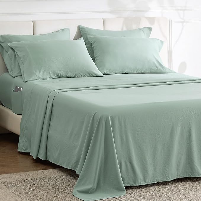Bedsure Deep Pocket King Sheet Set - 6 Piece, Prewashed Ultra-Soft King Size Sheets Set, Fits Mattresses Up to 18 Inches Thick, Breathable & Secure Fit, Hotel Luxury Bedding, Sage Green