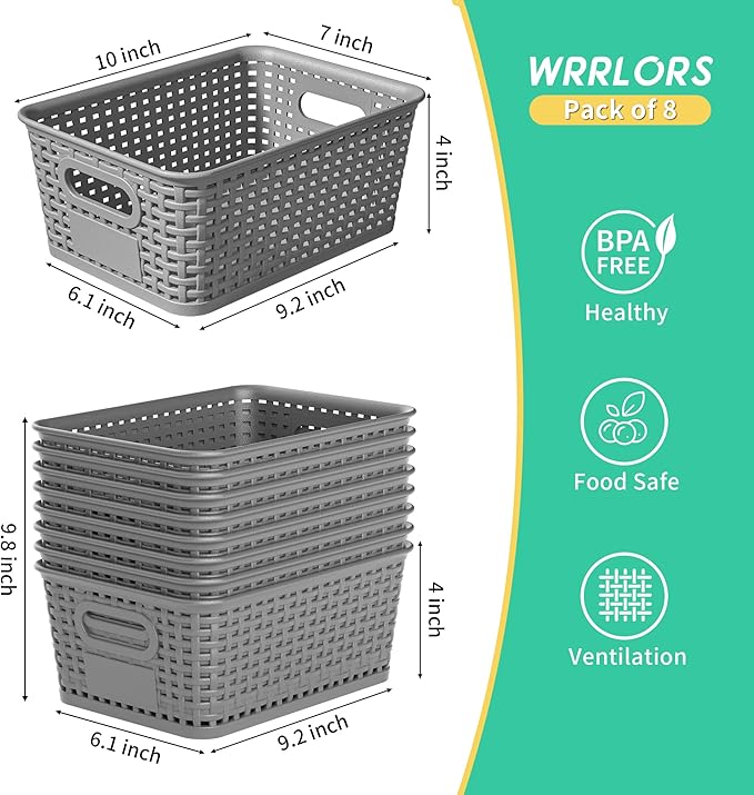 8-Pack Grey Plastic Storage Baskets with Lids, Label Organizers, Stackable Organizer Containers: For Organizing Shelves, Drawers, Desk Closets, Playrooms, Classrooms, Offices