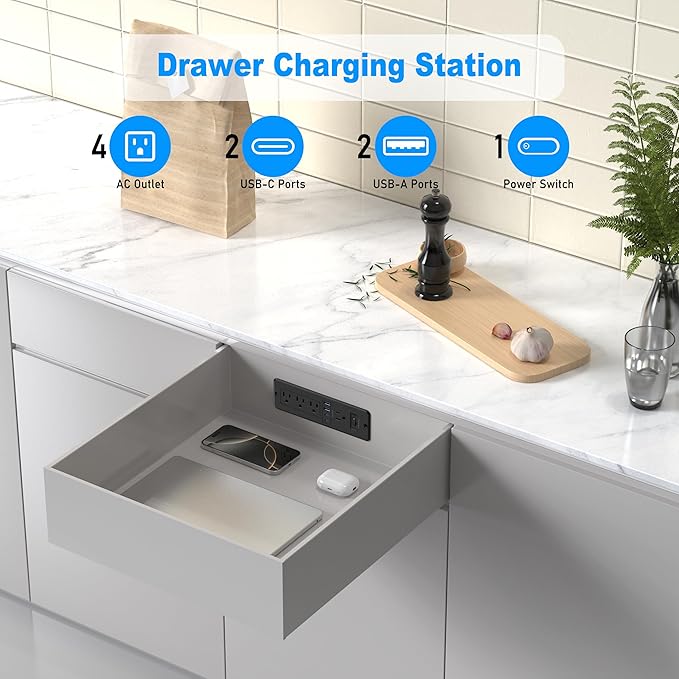 65W USB C Recessed Power Strip, Flush Mount Desktop Recessed Outlet with 4AC & 2 PD GaN USB C & 2 USB-A Ports, Furniture Hidden Drawer Fast Charging Station for Home Office