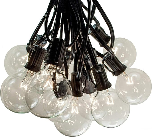 Hometown Evolution, Inc. 50 Foot Outdoor String Lights - Black Wire - 50 G50 Clear 2 Inch Globe Bulbs (+ 2 Free Spares) for Cafe Bistro Market Deck Porch and Party Lighting