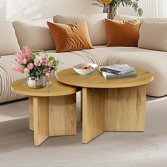 Round Nesting Coffee Tables Set of 2, Modern Stacking Table with Wood Grain Finish, End Table Side Tables for Living Room (Natural Oak)
