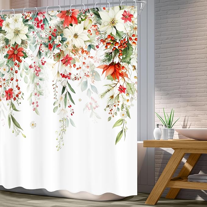 Christmas Shower Curtain 60Wx72L Inch Red Floral White Xmars Flowers Poinsettias Winter Holiday Bathroom Set Happy New Year Plant Watercolor Bath Curtain Bathtub Accessories Home Decor