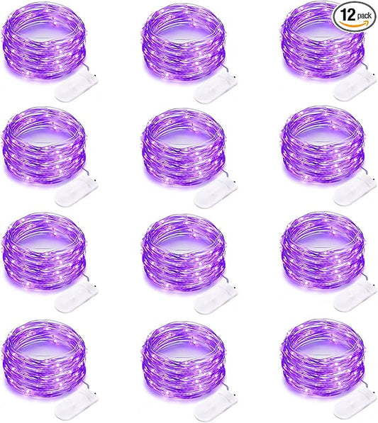 12 Pack Purple Halloween Lights Battery Operated String Lights 7 Feet 20 Led Fairy Lights Waterproof Mini Lights Silver Wire for DIY Indoor Outdoor Xmas Bedroom Holiday Halloween Party Decorations