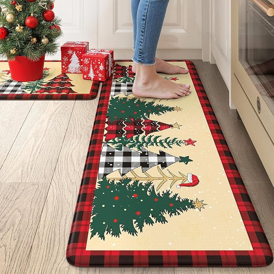 Merry Christmas Xmas Tree Kitchen Mat 2PCS, Anti-Fatigue Cushioned Waterproof Kitchen Mats for Floor Buffalo Plaid Kitchen Rug, Non Skid Comfort Standing Rugs for Laundry Office Desk Decor, Beige/Red