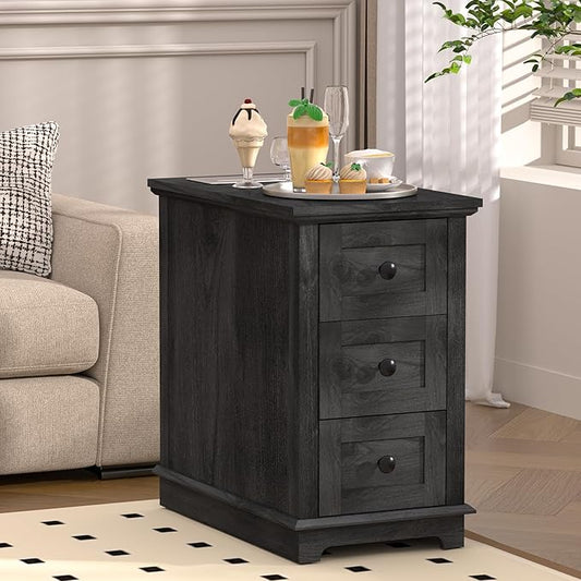 HIFYOBRO 3 Drawers End Table with Flip Top Charging Station, Side Table with Storage, Narrow Wooden Nightstand, End Table Living Room & Bedroom