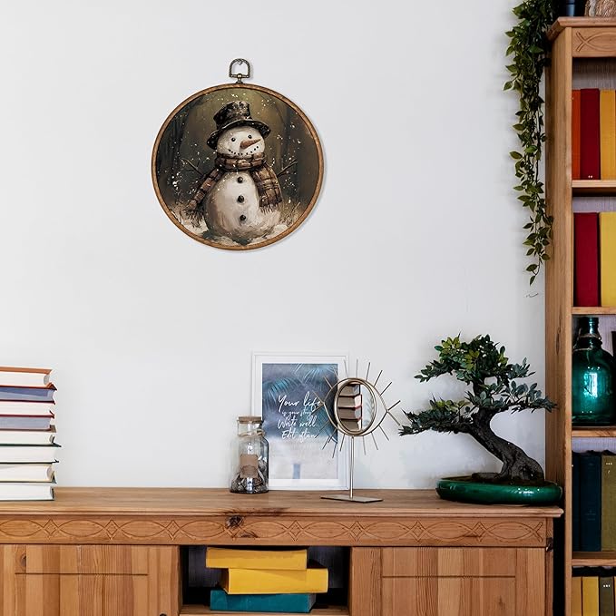KSDUT Vintage Snowman Wall Decor Art - Retro Christmas Winter Wall Art Canvas Frame Hanging Prints, Merry Xmas Holiday Round Wall Art Decor for Home Farmhouse Decorations 10"x10"