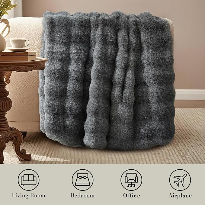 Amélie Home Faux Fur Throw Blanket for Couch, Ultra Soft Fuzzy Plush Bubble Throw for Sofa, Living Room & Home Decor, 50"x60", Cationic Wolf Gray