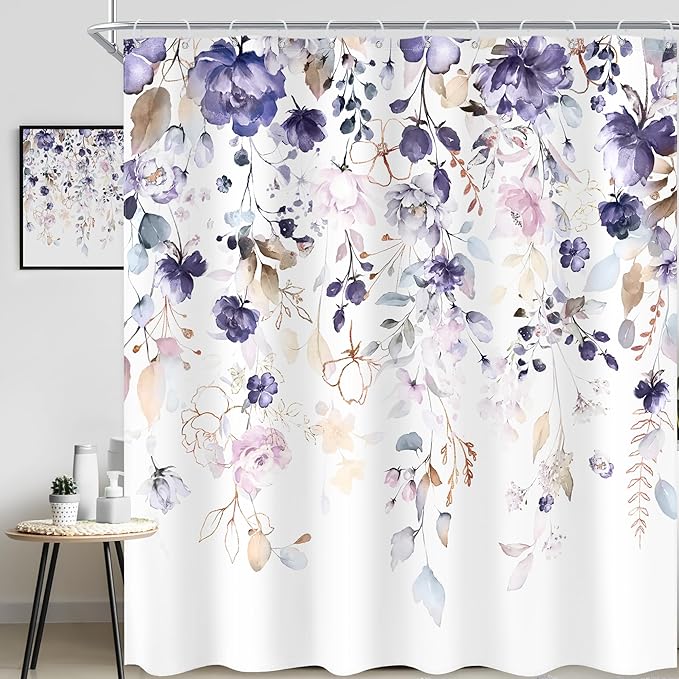 Floral Flower Shower Curtain 72Wx78H Inch Purple Pink Leaf Rustic Girly Boho Watercolor Wildflower Eucalyptus Botanical Plant Bathroom Set Spring Bath Curtain Bathtub Accessories Home Decor