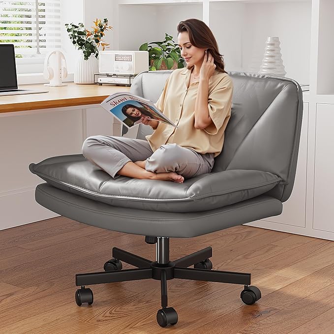Armless Criss Cross Chair with Wheels, Leather Cross Legged Office Chair with 2-Layer Cushion,Swivel Modern Home Office Desk Chair 25.5" Wide Seat Height Adjustable for Craft Room,Vanity,Grey