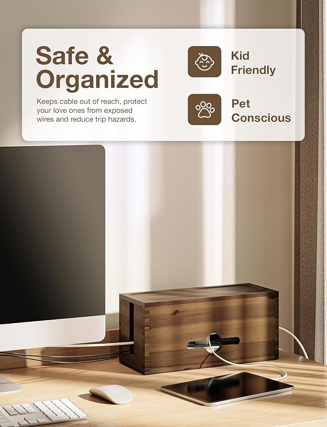 Acacia Large Cable Management Box - 15" L Cord Box Hider, Power Strip Box for Office - Cable Hider Box, Surge Protector Box - Wire Box Hider for Desk - 3 Open Slots, Magnetic Lid (Walnut color)