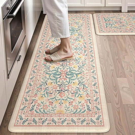 Collive Kitchen Mats Cushioned Anti Fatigue, Waterproof Kitchen Floor Mat Non Slip Desk Rugs Comfort Standing Rug, Pink Floral Carpets for Sink, Office, Laundry, Home Decor, 20" x 47" + 20" x 32"