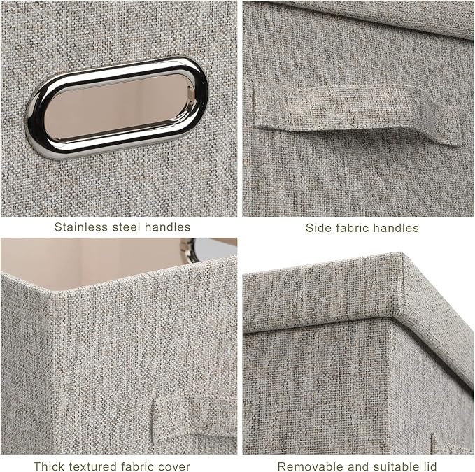 Medium 15" 21 Quart Collapsible Stackable Storage Bins with Lids, 5 Packs Beige Foldable Fabric Closet Boxes Heavy-duty Linen Cube Baskets Container for Bedroom Office (15 x 11 x 8)