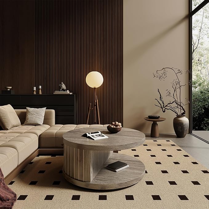 31-Inch Round Wood Coffee Table with Shelf for Living Room, 2-Tier Fluted Center Tea Tables with Wooden Circle Tabletop and Open Shelves for Home Apartment Small Spaces, Wash Gray