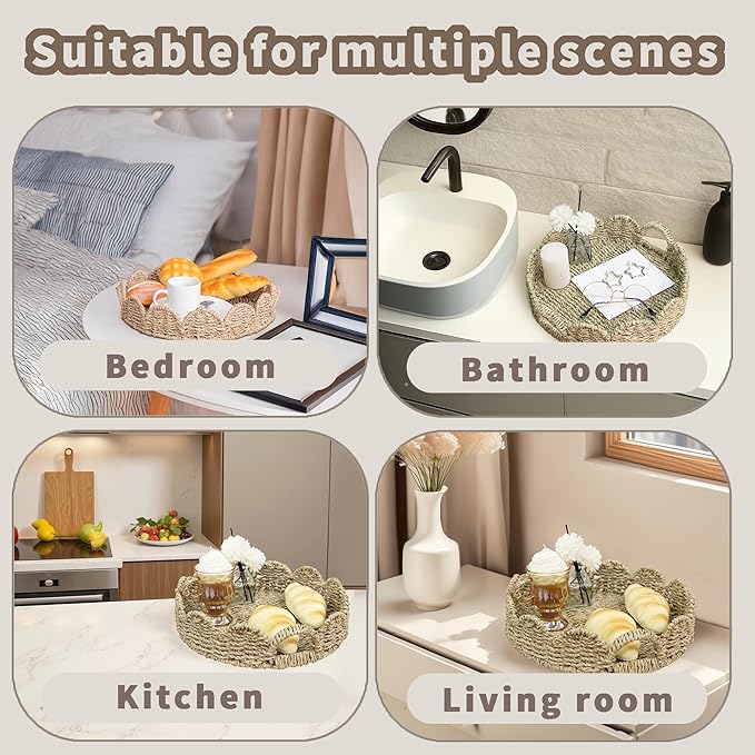 GYASVWU Seagrass Scalloped Tray with Handles,Round Rattan Serving Trays for Coffee Table,Woven Tray for Ottoman Decorative and Organizer Trays (Seagrass)