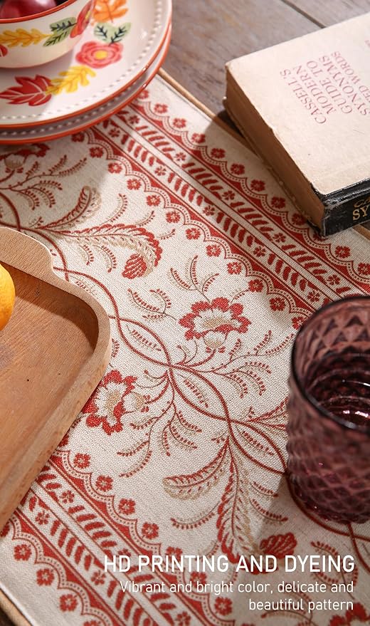 ISAENNE Designer Vintage Linen Table Runner 71 Inches Long,Red Floral Pattern Modern Decor Table Runners for Dining Tables,Thanksgiving,Kitchen Tables,Christmas,Banquet,12"*71"-Chamonix A