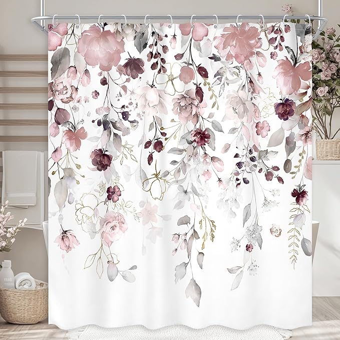 Extra Long Floral Flower Shower Curtain 72Wx78H Inch Grey Pink Floral Blossom Leaves Watercolor Eucalyptus Botanical Plant Girls Bathroom Set Rustic Bath Curtain Bathtub Accessories Home Decor