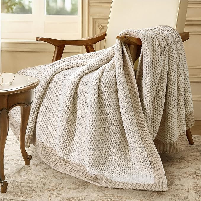 Amélie Home Honeycomb Knit Throw Blanket for Couch, Dual-Sided Soft Chenille Decorative Blankets for Sofa & Chair, 50"x60", Khaki & White