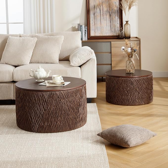 Round Nesting Coffee Table Set of 2, Dark Brown Wooden Circle Side Tables Rustic Woven Sofa Table for Small Space Living Room Bedroom Apartment No Assembly Required