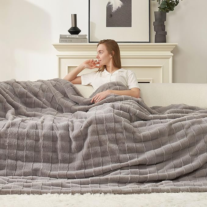 Cozy Bliss Fluffy Faux Fur Throw Blanket for Couch,Warm Cozy Soft Grey Throw Blankets for Sofa Bed Living Room,50x60 Inches